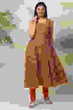 Red Art Silk Double Layered  Kurta Churidar Suit Set image number 5