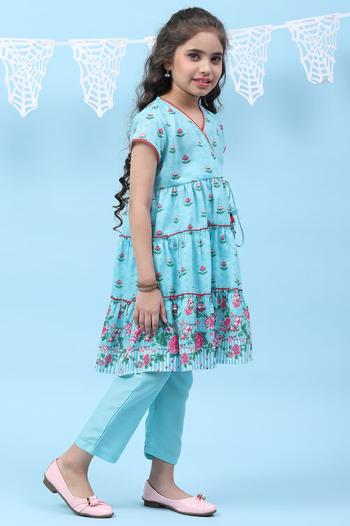 Sky Blue Art Silk Straight Printed Kurta image number 5