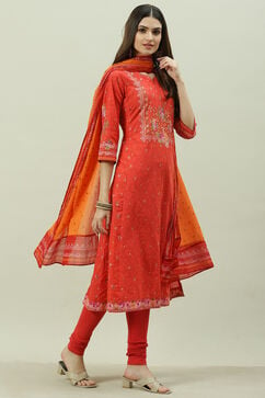 Red Printed Cotton Kalidar Kurta Legging Suit Set image number 6