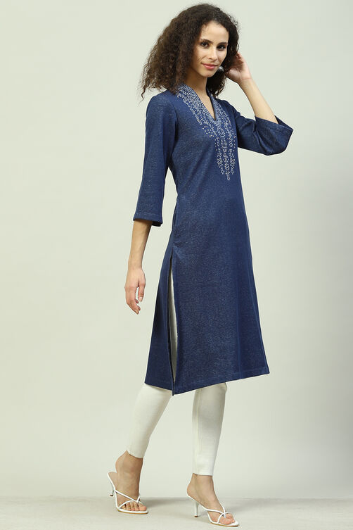 Indigo Blue Acrylic Straight Yarndyed Kurta image number 3