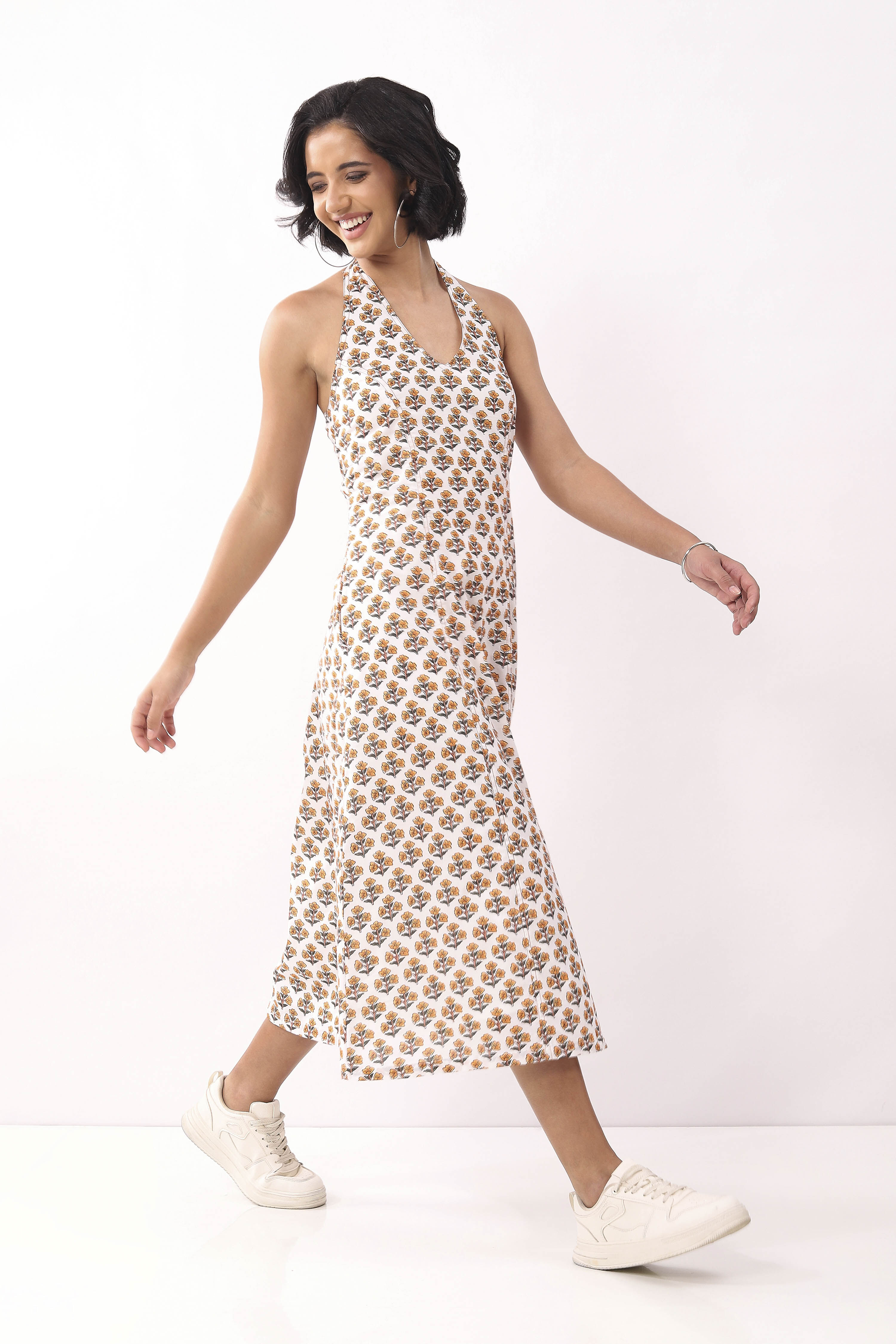 Ivory Cotton Printed A Line Dress image number 4