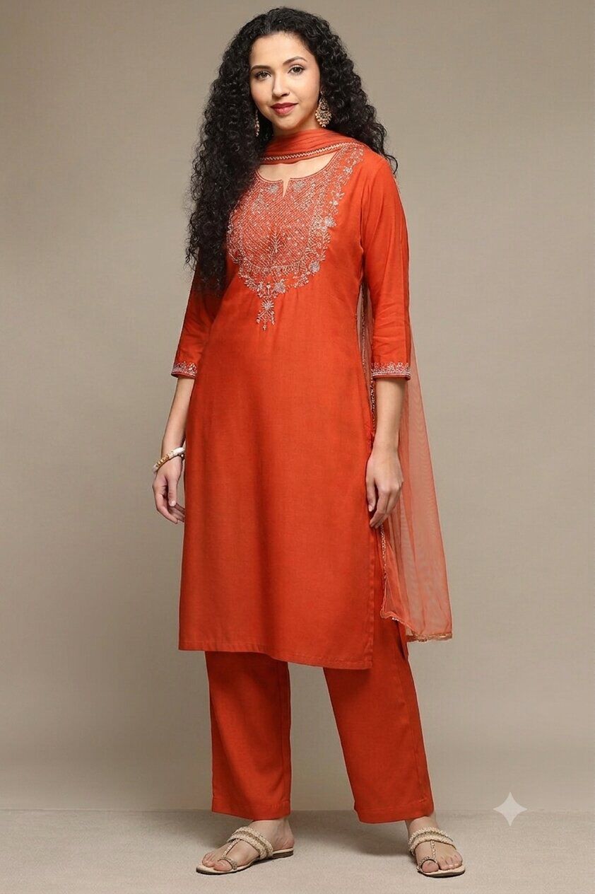 Burnt Orange Rayon Straight Kurta Pants Suit Set image number 4
