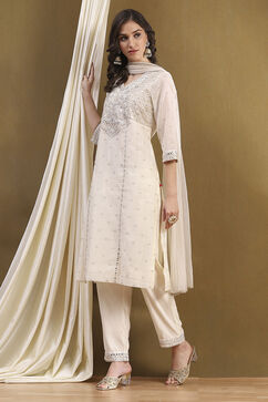 Off-white Poly Chanderi Embroidered Festive Straight Suit Set image number 0