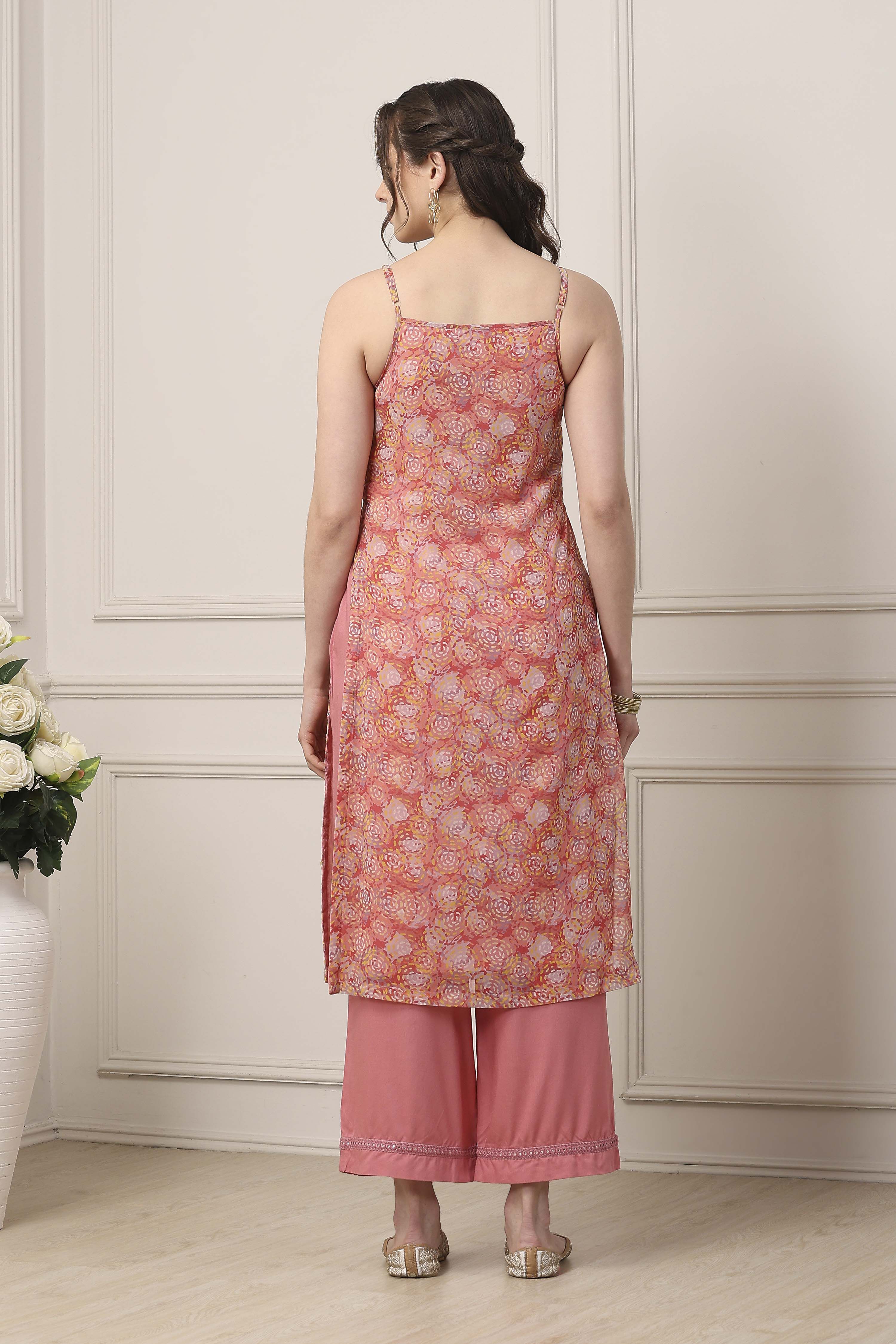 Peach Poly Georgette Floral Thread Work Straight Suit Set image number 4