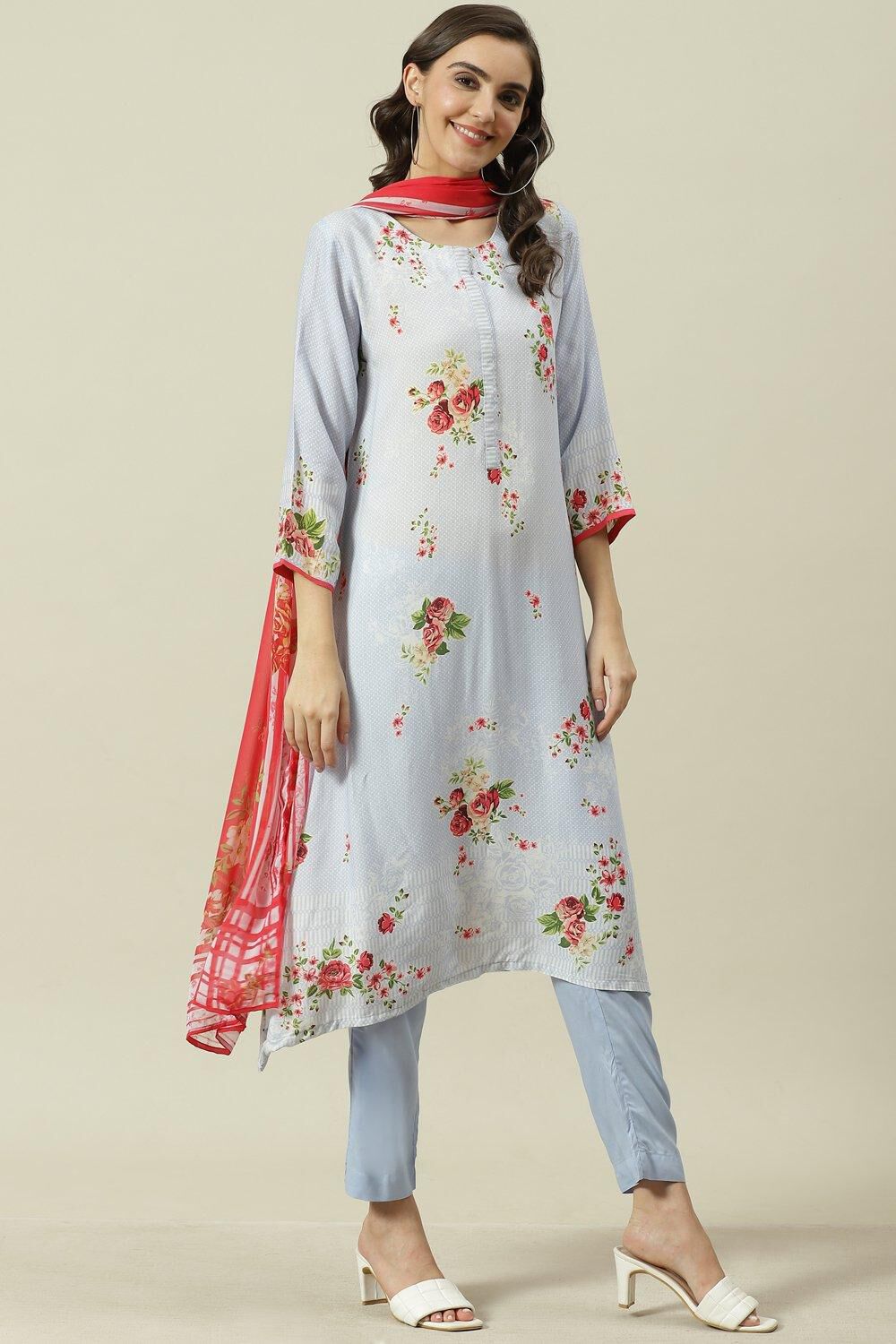 Yellow Printed Viscose A-Line Kurta Slim Pants Suit Set image number 6