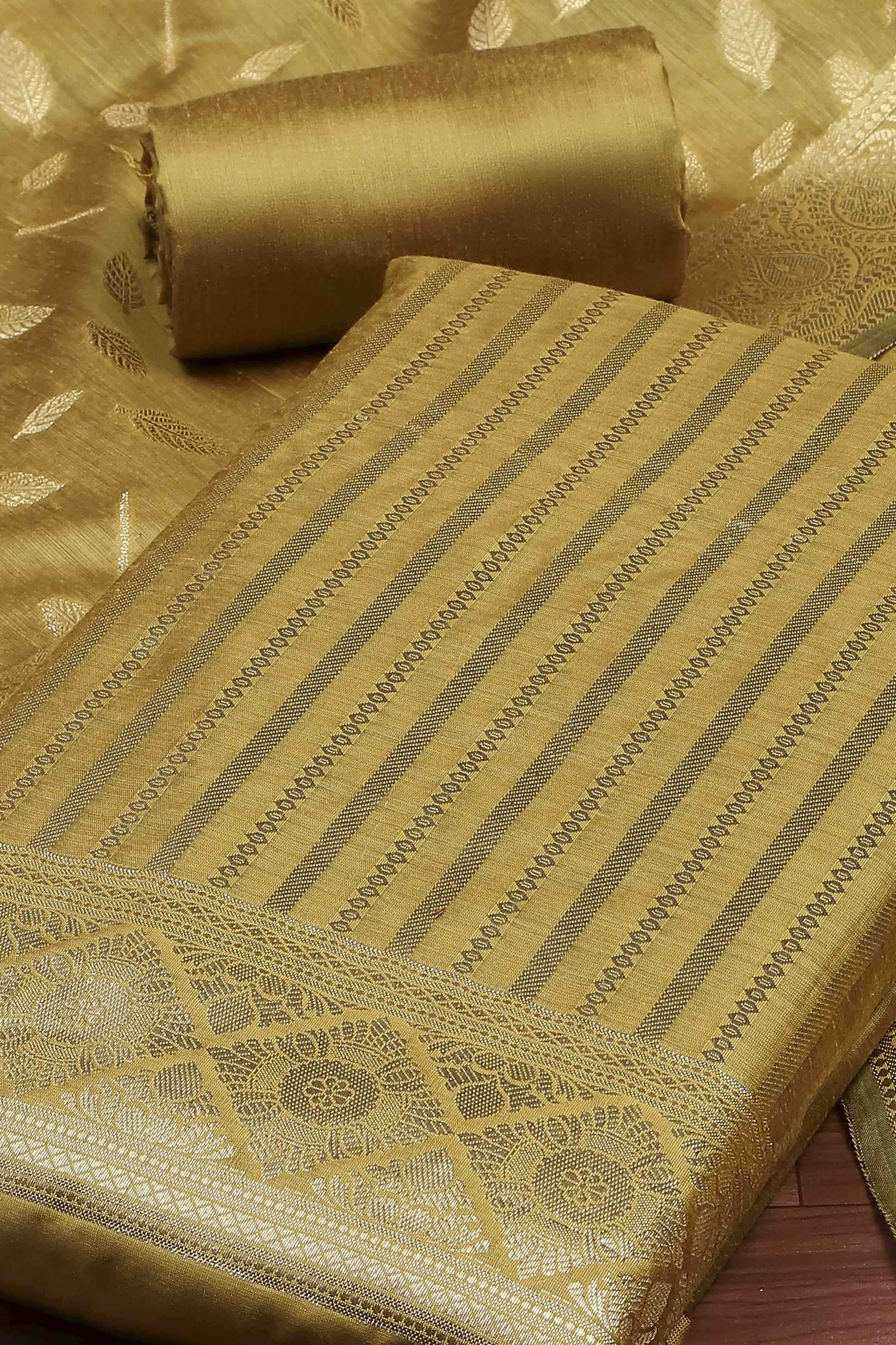 Mustard Banarasi Chanderi Banarasi Print Unstitched Suit Set image number 1