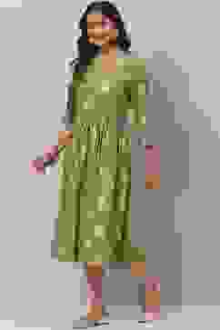 Mehandi Green Rayon Flared Printed Kurta image number 2