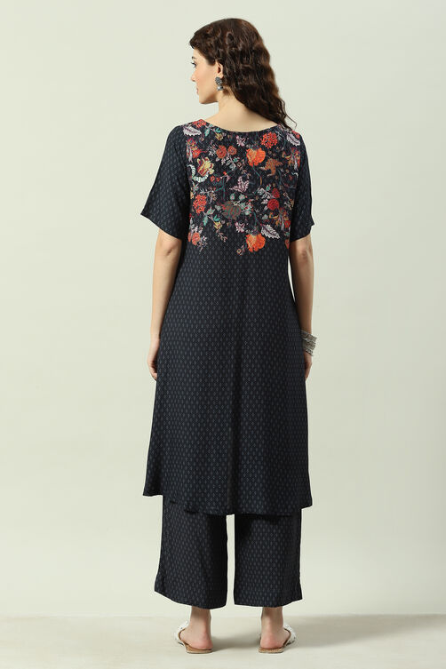 Black Printed Rayon Asymmetric Kurta Palazzo Suit Set image number 4