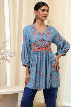 Dull Blue Viscose Rayon Straight Short Kurta image number 5