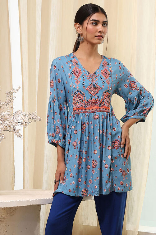 Dull Blue Viscose Rayon Straight Short Kurta image number 5