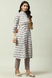 White Printed Cotton A-Line Kurta Slim Pant Suit Set image number 5