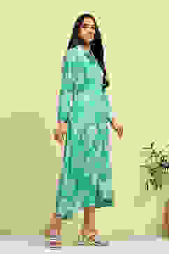 Cyan Blue Floral Printed Shirt Style A-line Dress image number 4