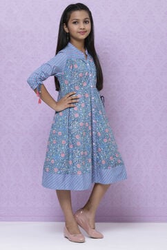 Blue Cotton Kalidar Printed Dress image number 4