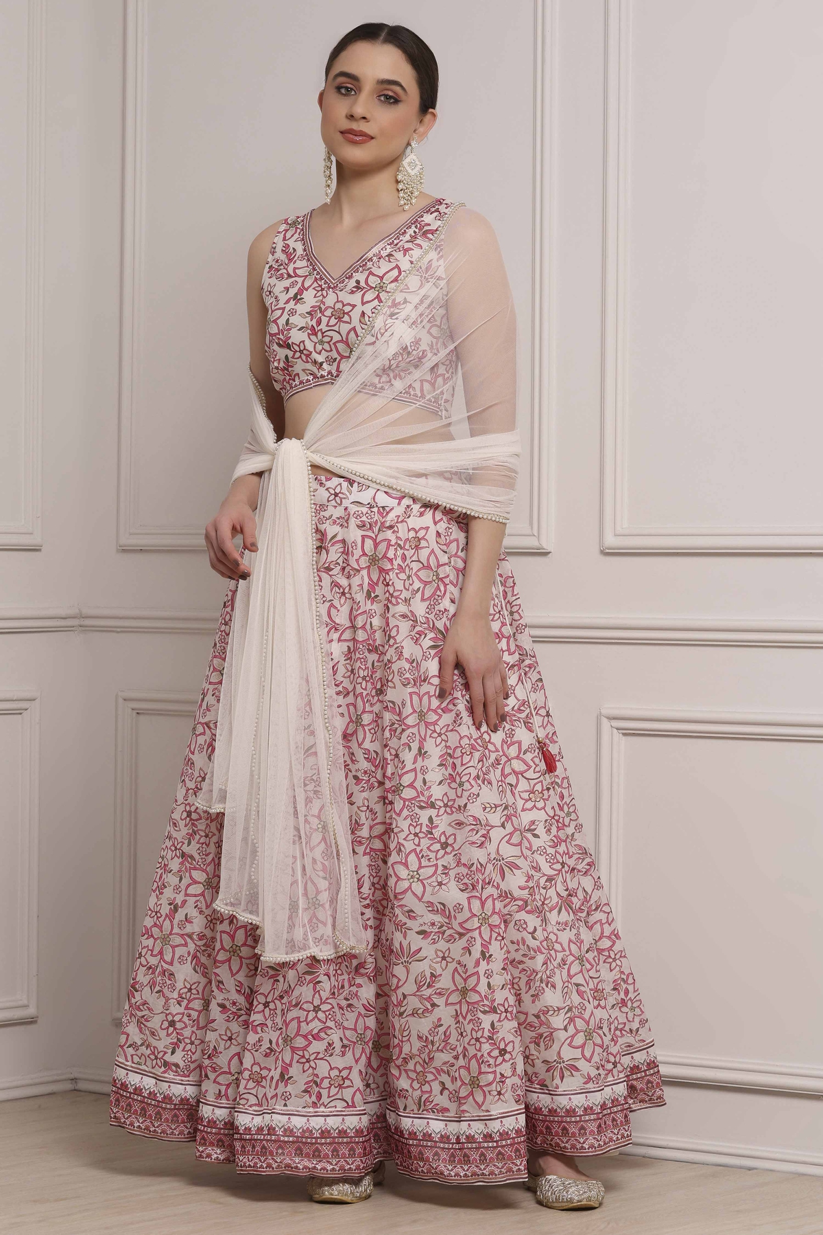 Ivory Polyester Printed Regular Lehenga Set