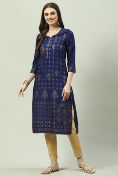 Royal Blue LIVA Straight Printed Kurta image number 0