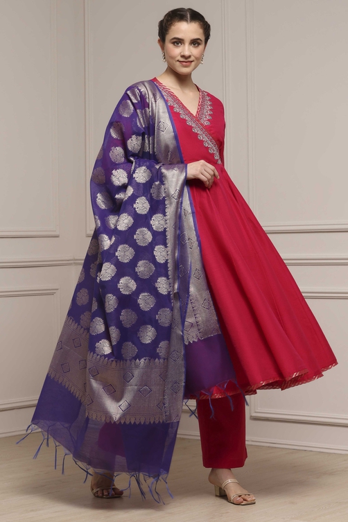 Fuchsia Embroidered Angrakha Festive Anarkali Suit Set image number 0