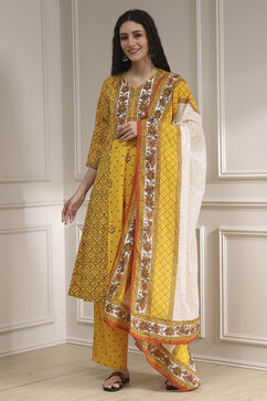 Yellow Cotton Printed A-Line Suit Set image number 7