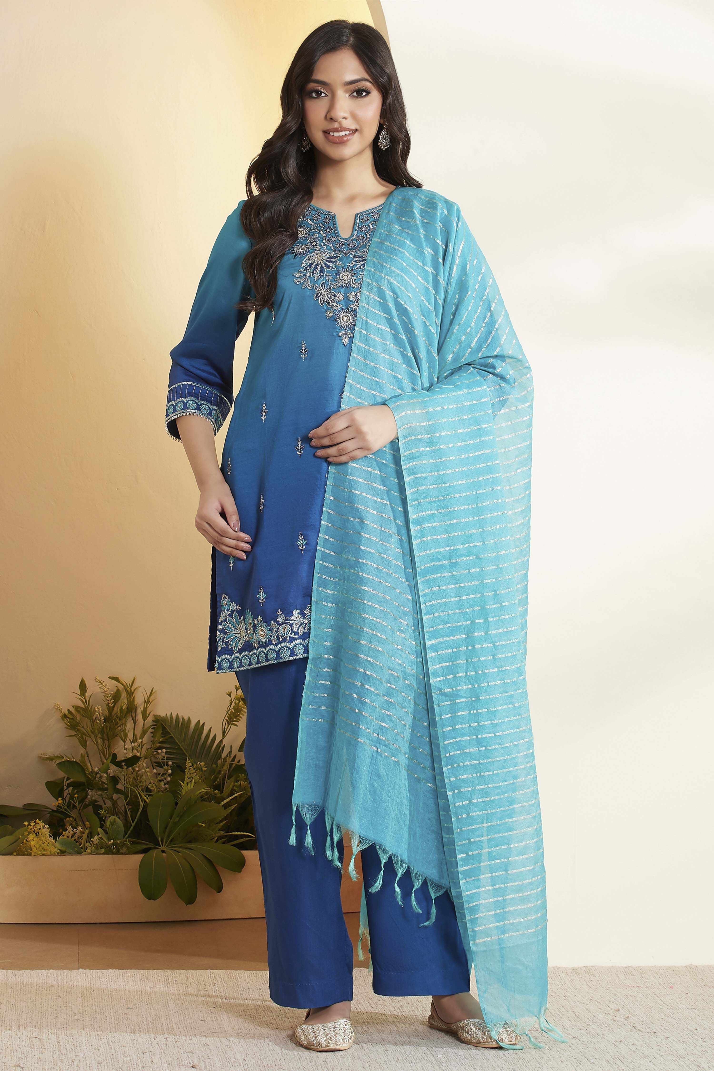 Blue Viscose Rayon Embroidered Straight Kurta Set image number 7