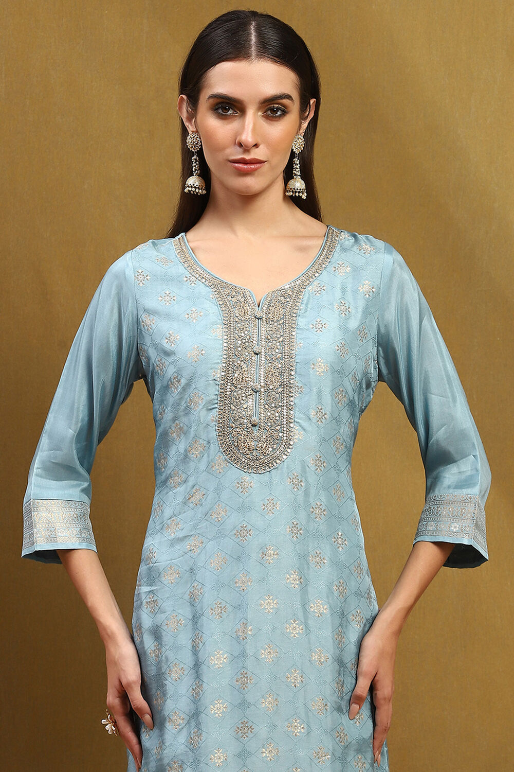 Blue Viscose Blend Yarn Dyed Straight Suit Set image number 1