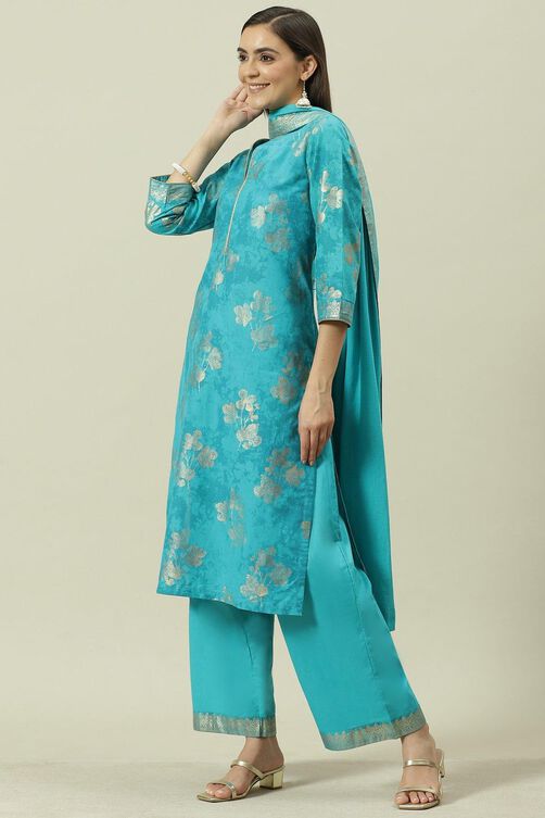 Turquoise Printed Cotton Straight Suit Set image number 5