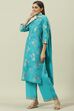 Turquoise Printed Cotton Straight Suit Set