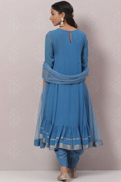 Blue Art Silk Asymmetric Kurta Salwar Suit Set image number 4