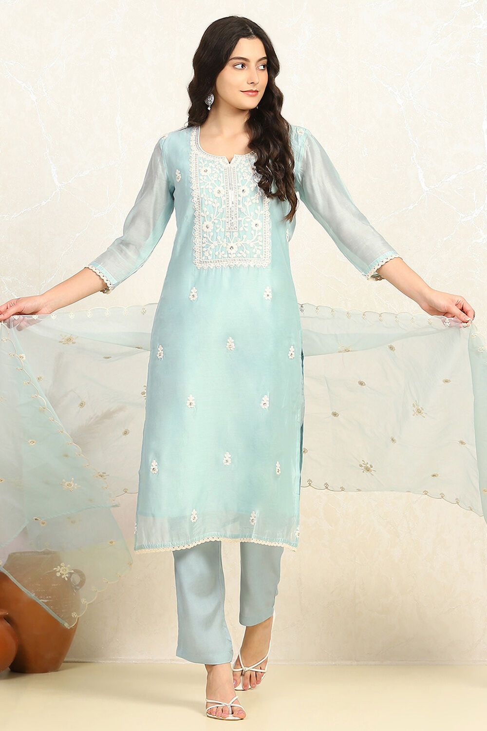 Baby Pink Chanderi Unstitched Suit Set image number 1