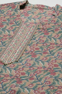 Light Brown Cotton Hand Block Print Unstitched Suit Set image number 5