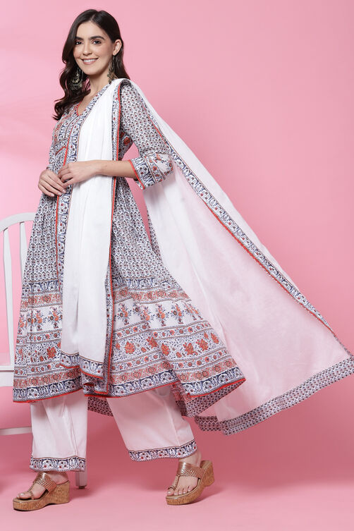 White Cotton Flared Kurta Palazzo Suit Set image number 7