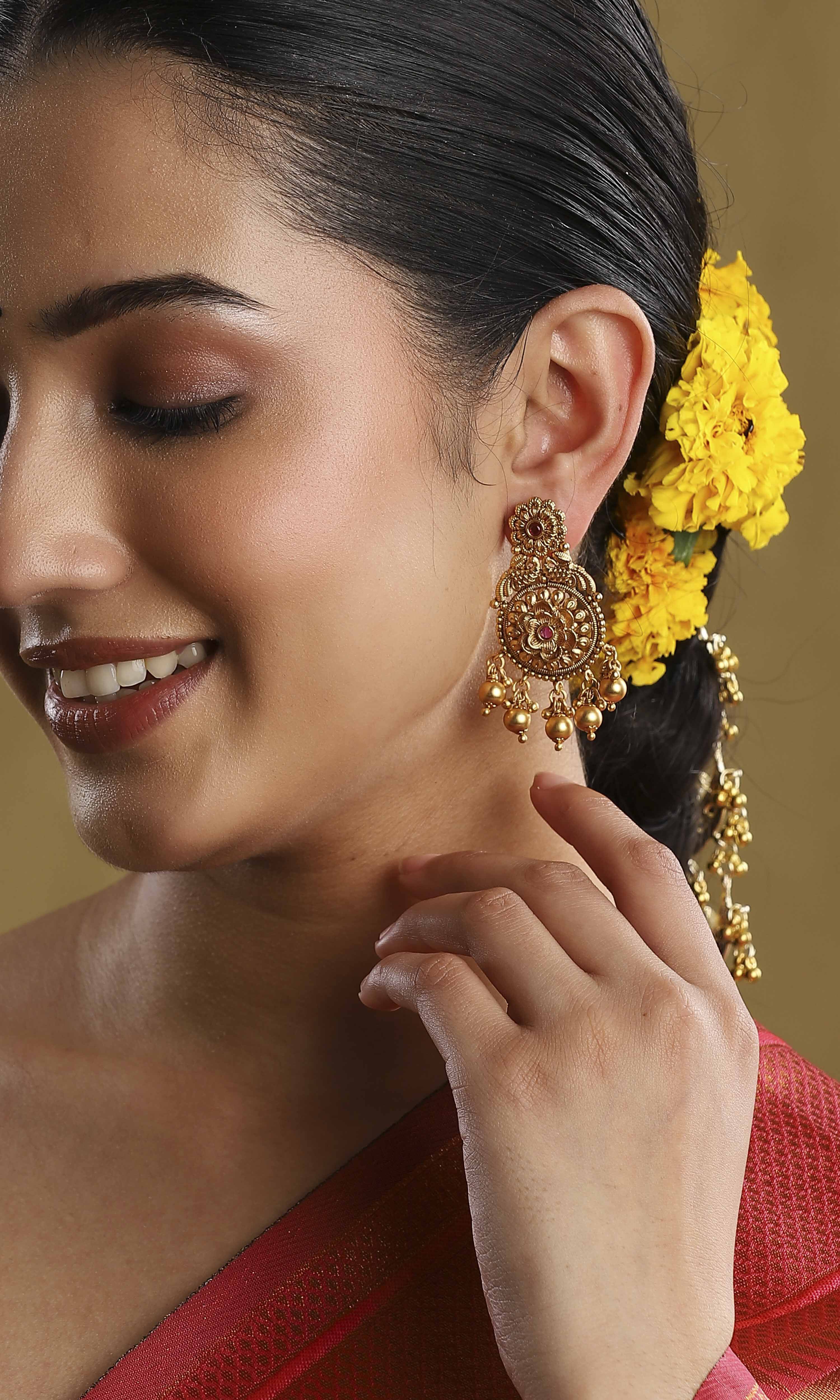 Red Gold Plated Minimal Stone Studded Drop Earrings image number 5