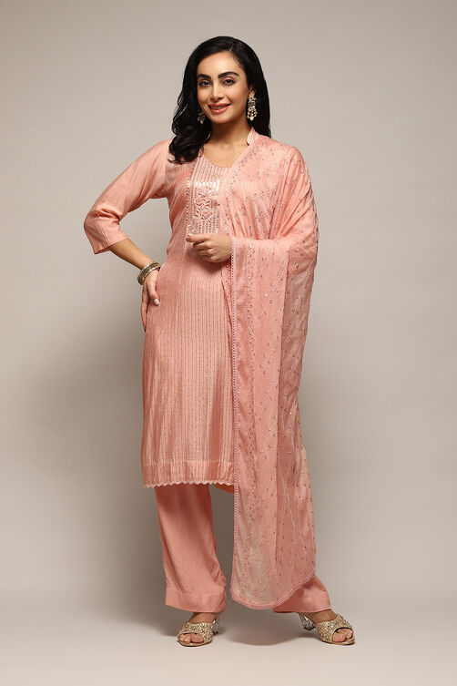 Peach Chanderi Hand Embroidered Unstitched Suit Set image number 8