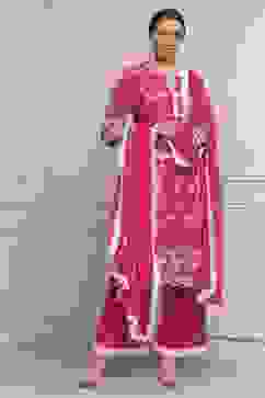 Fuchsia Cotton Embroidered Straight Suit Set image number 6