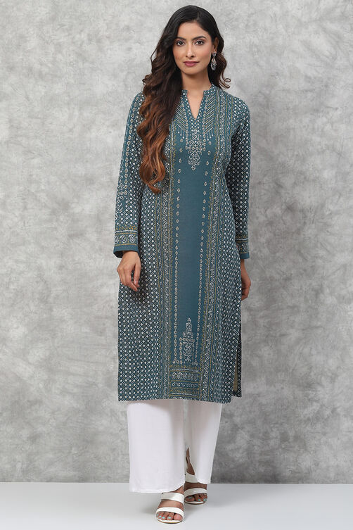 Teal Straight Poly Metallic Kurta image number 3