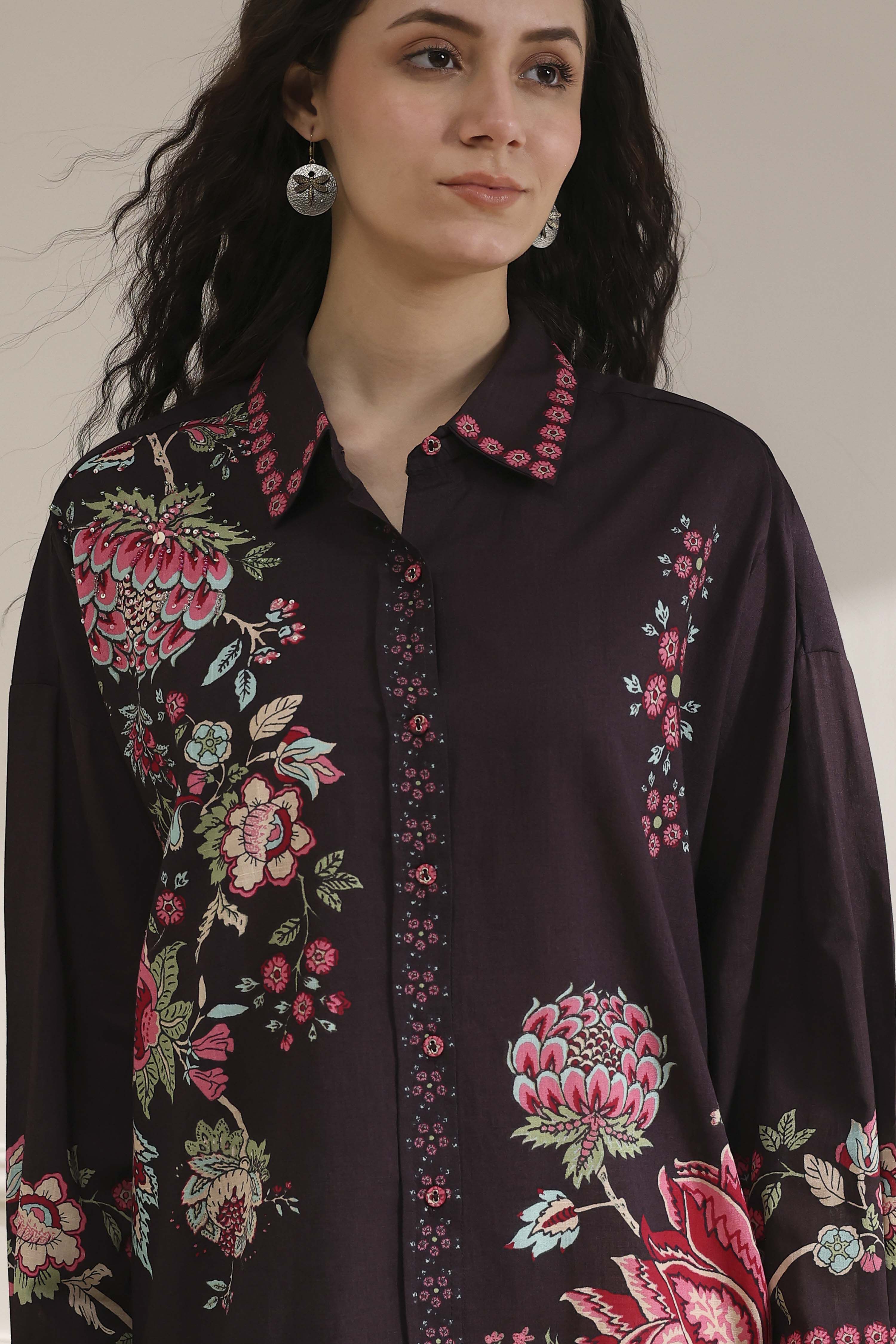 Brown Cotton Floral Printed Shirt image number 1