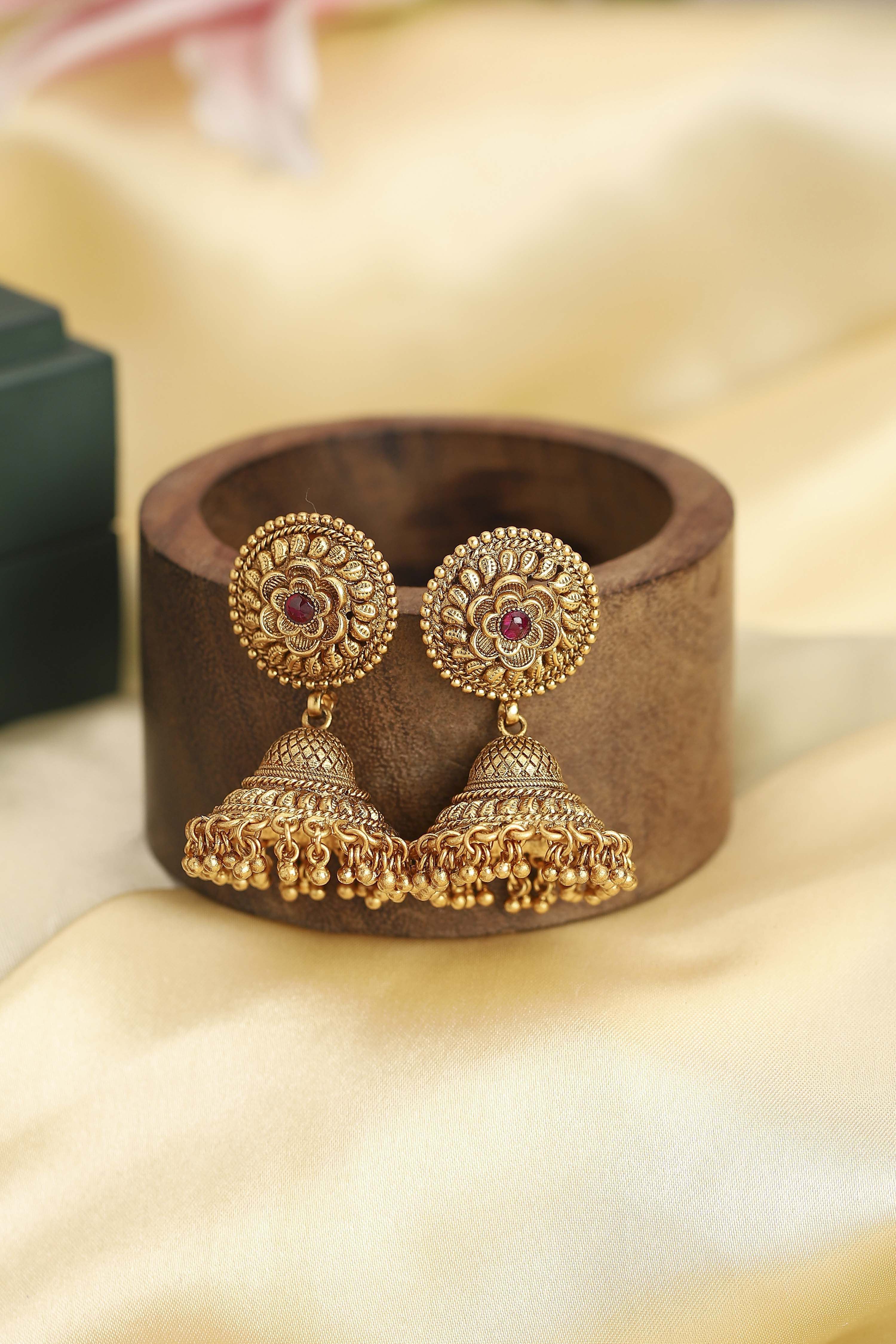 Red Gold Plated Minimal Stone Studded Jhumkas image number 4