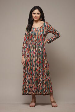 Beige & Brown Cotton Blend Flared Printed Dress image number 1