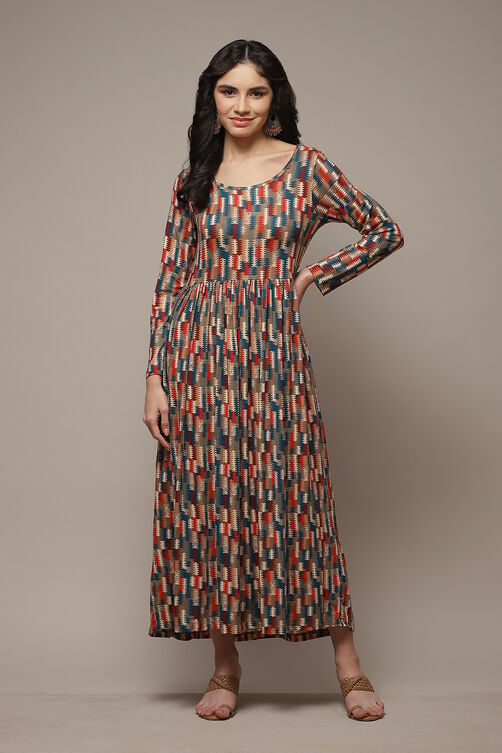 Beige & Brown Cotton Blend Flared Printed Dress image number 1