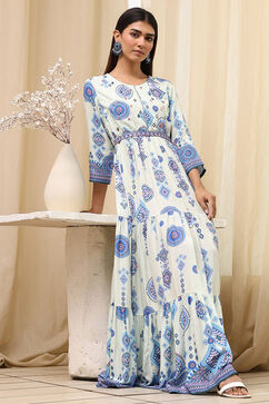 Ecru Viscose Rayon Tiered Printed Dress image number 0