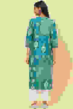 Green Cotton Straight Kurta image number 4