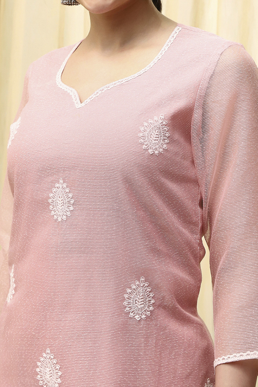 Pink Cotton Machine Embroidered Unstitched Suit Set image number 2