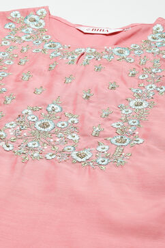 Blush Peach Yarndyed A-Line Kurta Regular Pant Suit Set image number 1