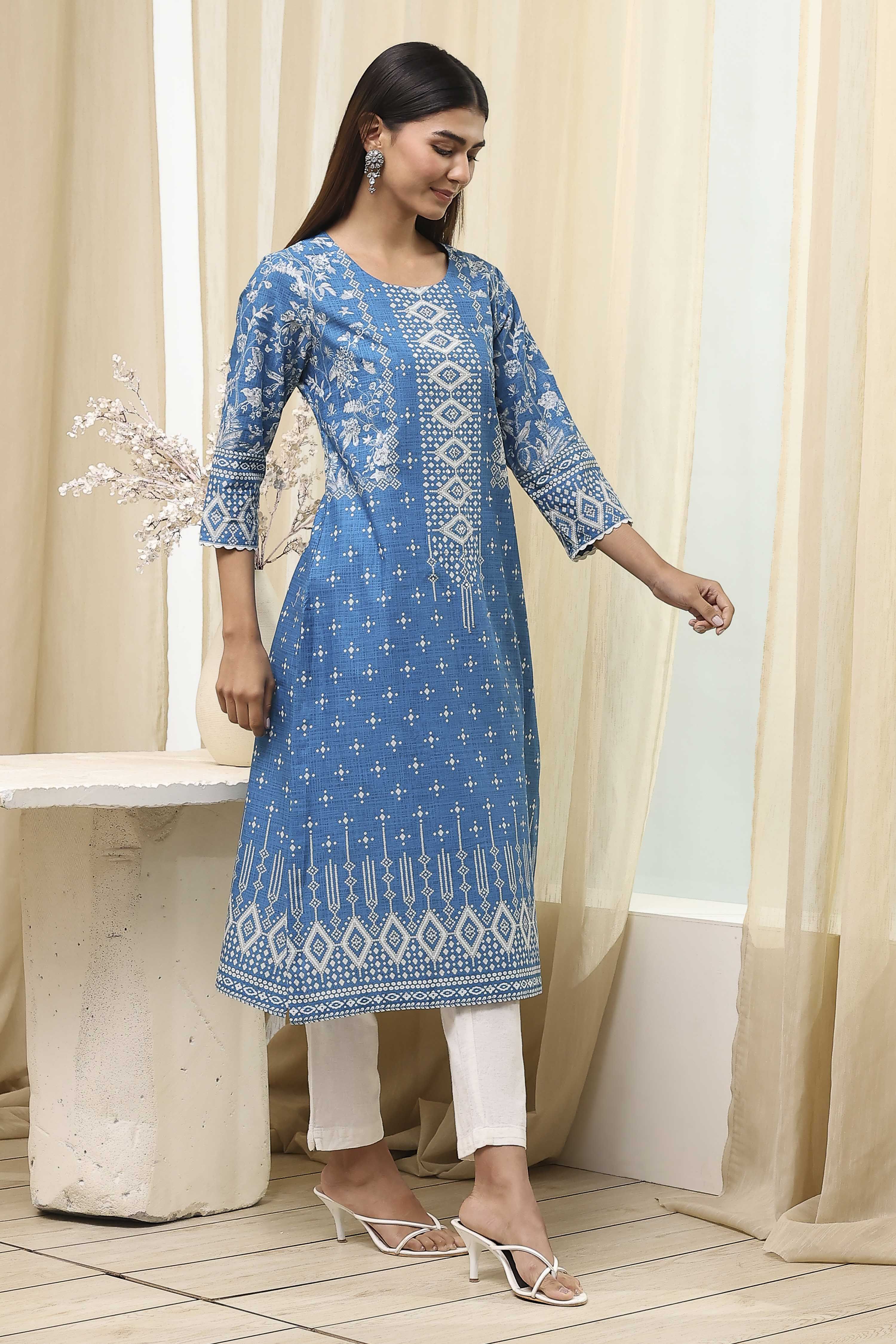 Blue Cotton Printed Straight Kurta image number 4