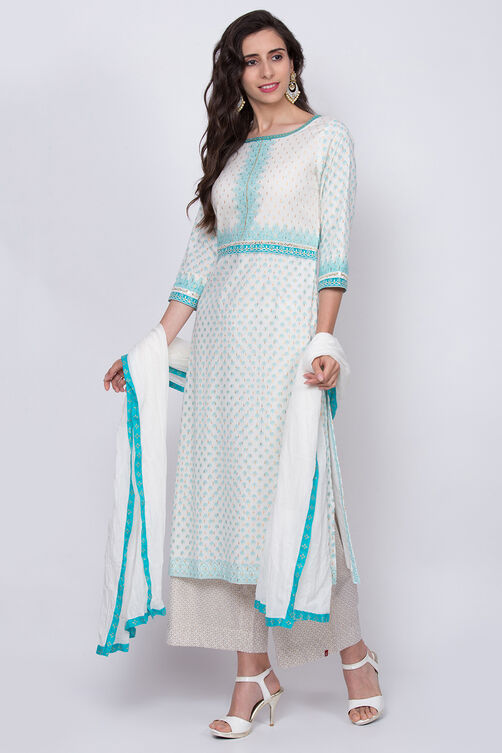 Off White Cotton Straight Printed Kurta image number 3