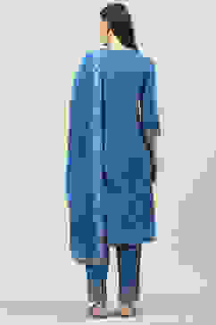 Blue Cotton Kalidar Kurta Relaxed Pants Suit Set image number 4