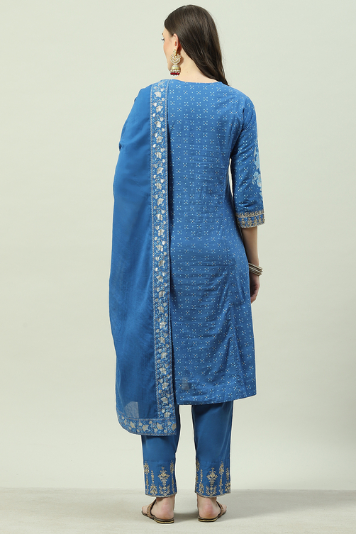 Blue Cotton Kalidar Kurta Relaxed Pants Suit Set image number 4