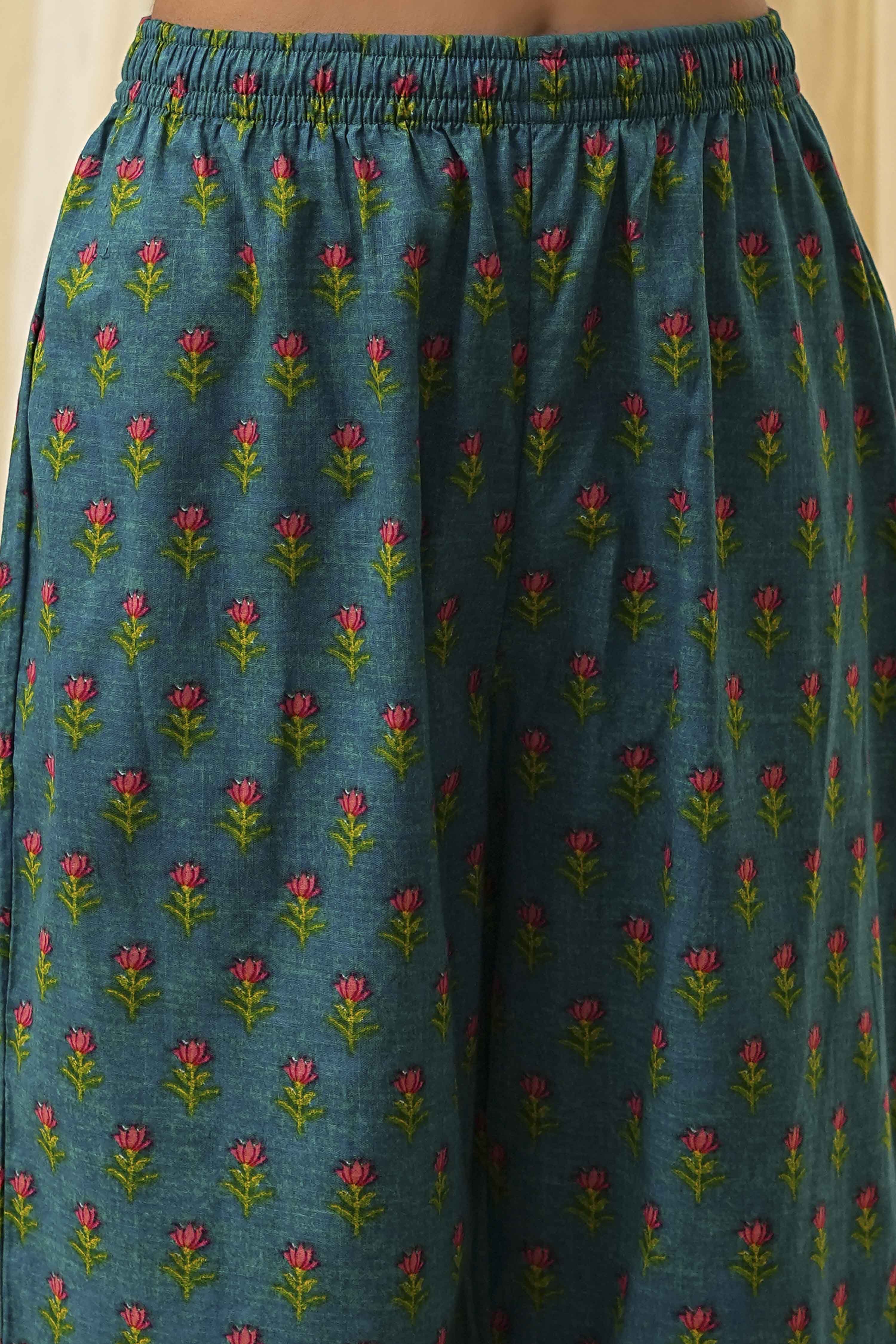 Teal Cotton Printed Straight Kurta Set image number 2