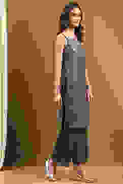 Grey Silk Floral Hand-Block Printed Festive Straight Kurta image number 4