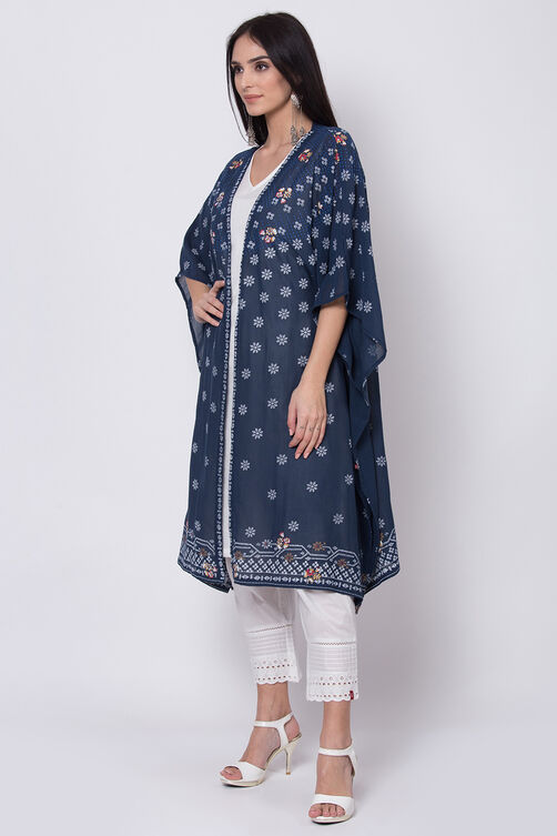 Indigo And White Viscose Cotton Front Open Printed Kurta image number 2