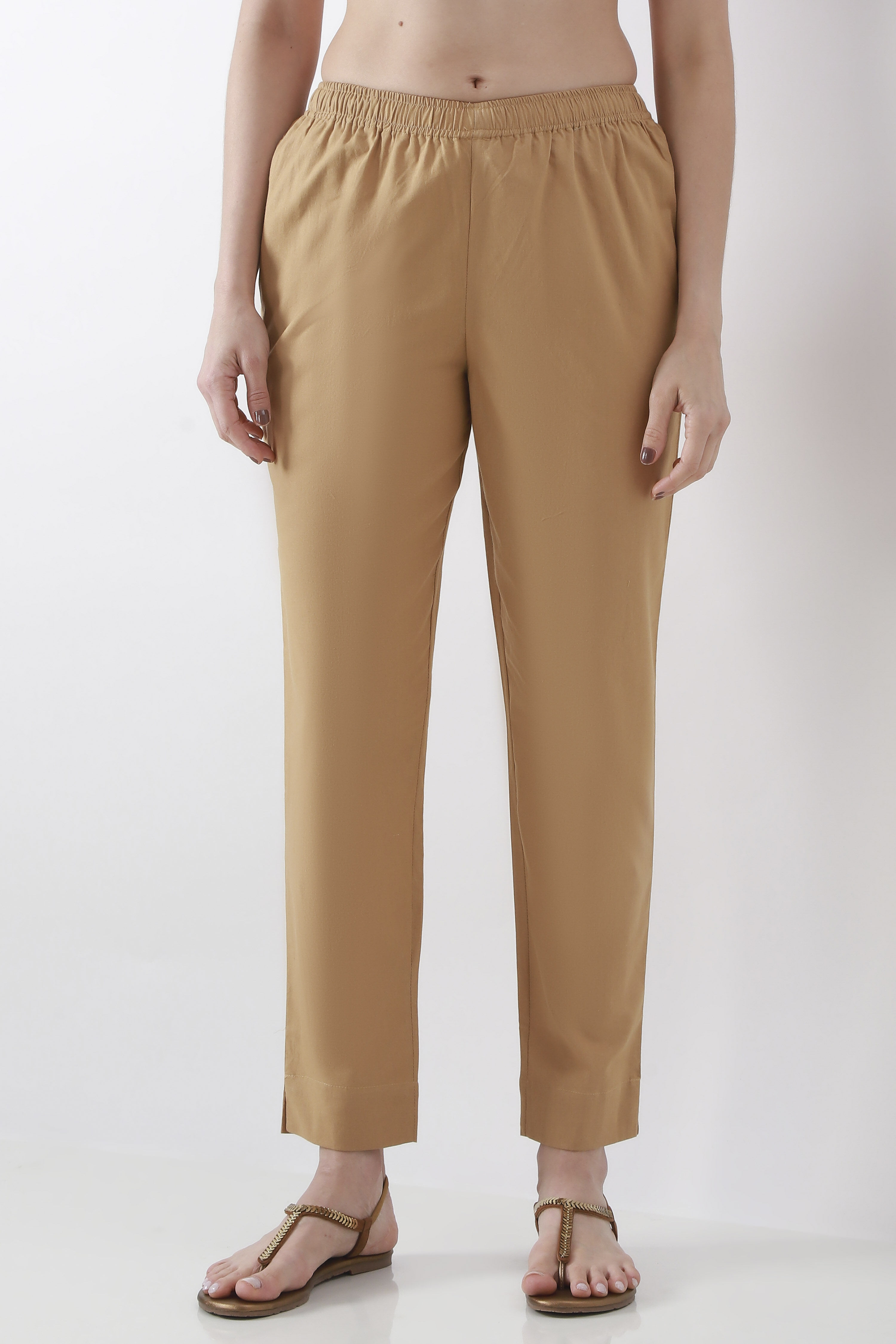 Gold-Toned Cotton Solid Fitted Pants image number 4