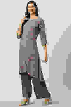 Grey Viscose A-Line Kurta Palazzo Suit Set image number 3